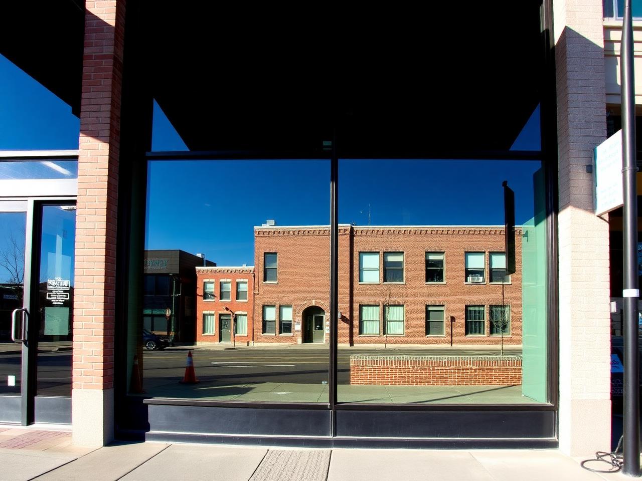 Modern Ann Arbor storefront with tinted commercial glass reflecting daylight